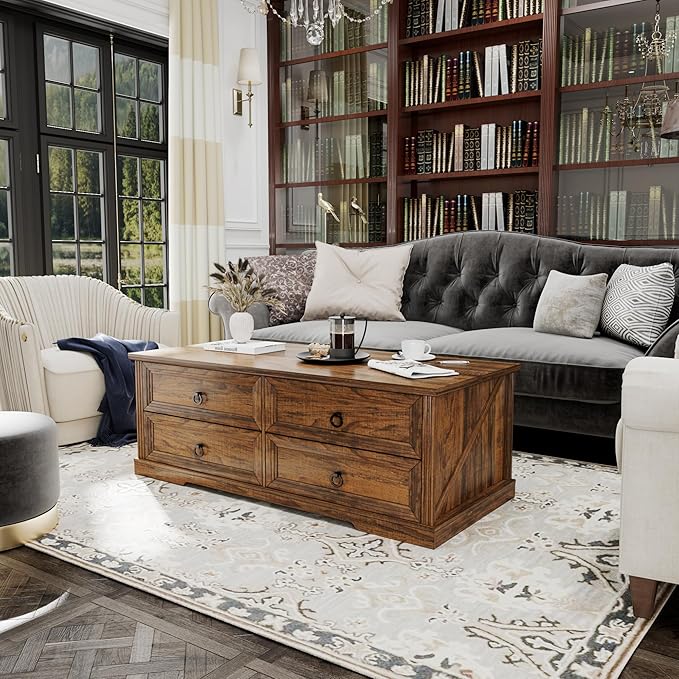 Rustic Coffee Table with Drawers 47 inch Living Room Tables with Storage, Wooden Center Table for Reading Playing Room Home Accent Table for Dining Room Apartment, Walnut