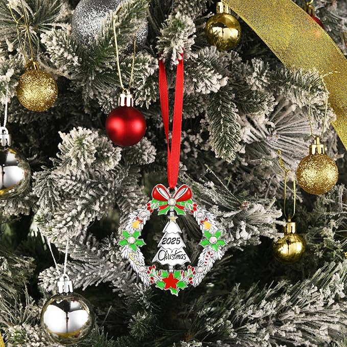 Christmas Ornament 2025 Decoration for Xmas Tree Hanging Metal Christmas Wreath with Rotatable Tree Dated 2025 Shiny Silver Ornaments Holiday Decorative Xmas Gifts for Family Friends