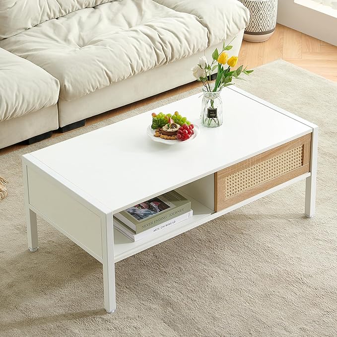 IANIYA 40.16" Boho Coffee Table, Rectangle Wooden Accent Center Tables, Living Room Table with Sliding PE Rattan & Solid Metal Legs for Living Room, Apartment Small Space (White Metal)
