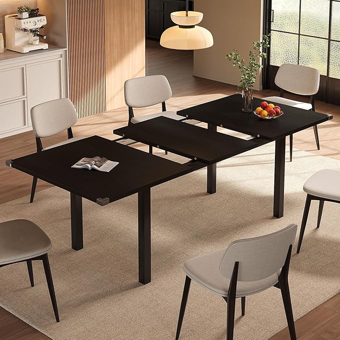 Modern Extendable Dining Table for 4-6, 63" Farmhouse Kitchen Table, Rectangular Dining Room Tables for Dining, Kitchen, Office, Living Room, Wooden Tables, Space Saving (Black)