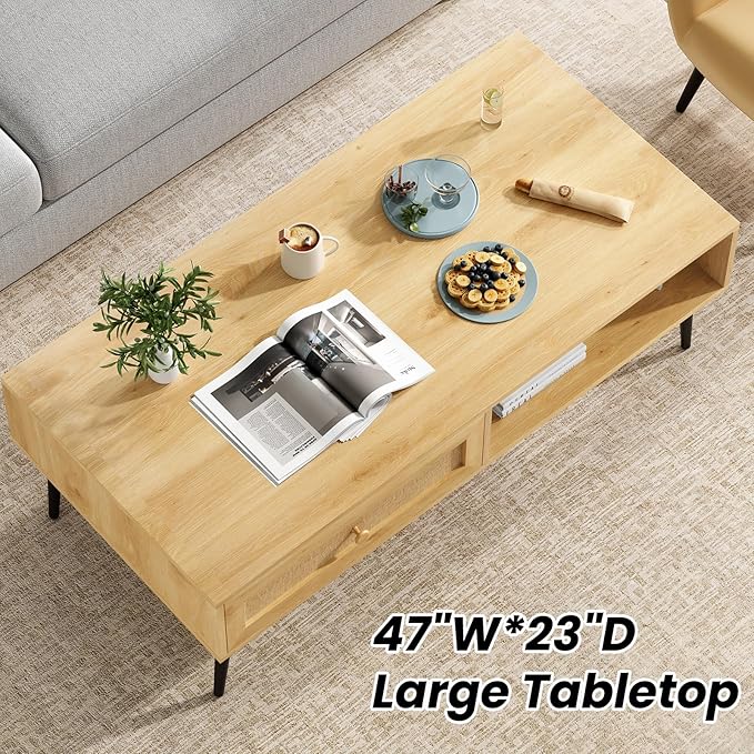 Farini Mid-Century Modern Coffee Table, 47 Inch Rectangle Console Table with Drawer & Shelf, Wooden Coffee Table for Living Room, Office, Nature