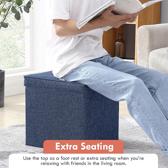 Ornavo Home Square Storage Ottoman Linen Foldable Tufted Cube Storage Ottoman Foot Rest Stool/Seat with Table Top Lid, Coffee Table Ottoman - 15" x 15" x 15" (Navy Blue)