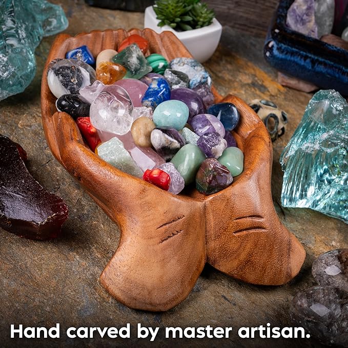 Curawood Carved Hands Offering Bowl - Crystal Holder for Stones, Rock Collection Holder, Crystal Display Storage Tray, Wooden Hands Bowl for Keys - Rock Display Case for Shelf, Stand, Altar Decor (L)
