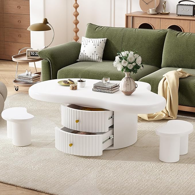 38.2" Cloud Coffee Table with Storage Drawers Irregular Coffee Table with Stools for Living Room Modern Cute Coffee Tables Low Small Center Table for Small Space Apartment Cream White