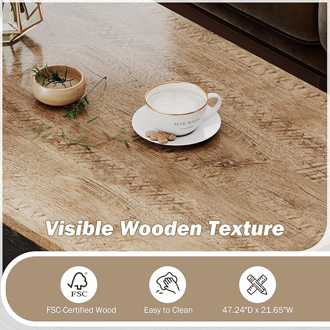 Rustic Coffee Table with Drawers 47 inch Living Room Tables with Storage, Wooden Center Table for Reading Playing Room Home Accent Table for Dining Room Apartment, Dark Oak Black