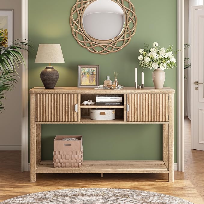 Fluted Console Table with 2 Door Cabinets, Modern Entryway Table with 3 Open Storage Shelves, Narrow Behind Couch Sofa Table for Living Room, Hallway, Foyer, 45.7" W×13.8" D×33.5" H, Oak