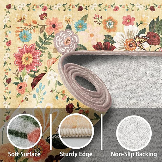 Washable Area Rug 8x10, Large Soft Rugs for Living Room Floral Yellow Carpet 8x10 Area Rugs for Bedroom Dining Room Non-Slip Stain Resistant Under Table Rug(Yellow Garden, 8 x 10)