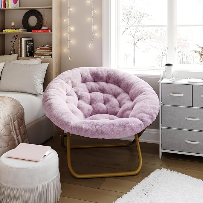 EMMA + OLIVER Ersa Oversize Folding Saucer Chair - Dusty Purple Faux Fur Moon Chair - Soft Gold Metal Frame - 38" Portable Folding Chair - for Dorm and Bedroom