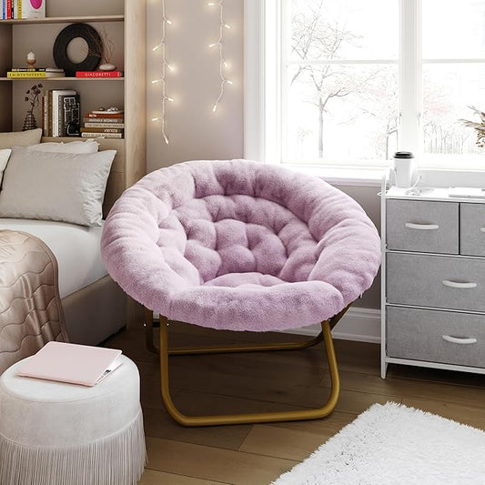 EMMA + OLIVER Ersa Oversize Folding Saucer Chair - Dusty Purple Faux Fur Moon Chair - Soft Gold Metal Frame - 38" Portable Folding Chair - for Dorm and Bedroom