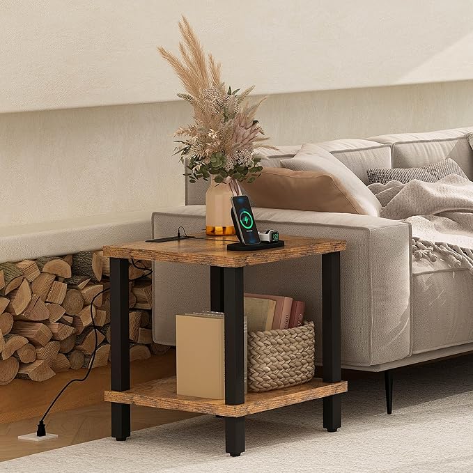 Large End Table Square Side Table with Charging Station Modern Sofa Table 20 Inch Industrial Coffee Table NightStand with 2-Tier Storage Shelf for Living Room Bedroom Rustic Brown MLBZ06RE