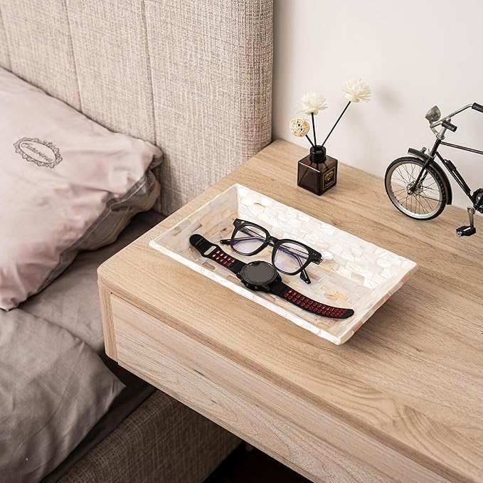 PEMAR 12"x7" Mother of Pearl Decorative Tray with Raised Edge for Coffee Table Perfume Living Room Kitchen Bathroom. Elegant Multipurpose Centerpiece Vanity, Fruit Display Serving Tray & Bowl