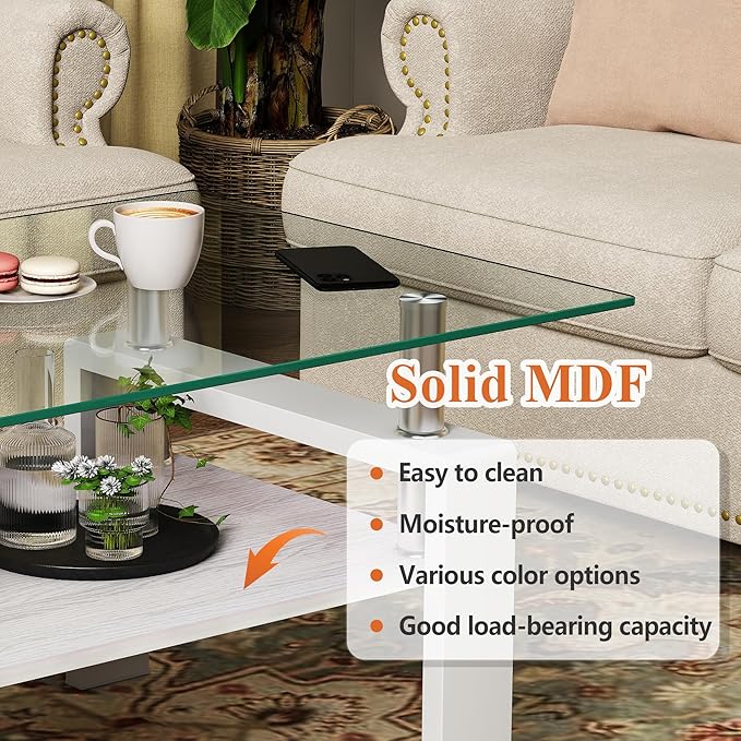 Modern 2-Tier Coffee Table with Tempered Glass Top, MDF Shelf & Metal Legs, Rectangular Living Room Center Table, Sturdy & Stylish Table for Small Spaces, Lounge or Office