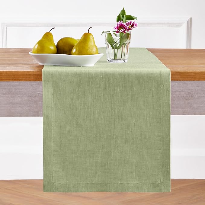 Solino Home Linen Small Table Runner 36 Inches - Athena, 100% Pure Linen Chambray Olive Table Runner 14 x 36 Inch Ideal for Dresser and Coffee Tables - Fall, Autumn, Halloween, Thanksgiving