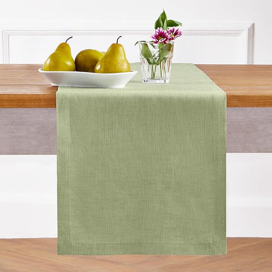 Solino Home Linen Small Table Runner 36 Inches - Athena, 100% Pure Linen Chambray Olive Table Runner 14 x 36 Inch Ideal for Dresser and Coffee Tables - Fall, Autumn, Halloween, Thanksgiving