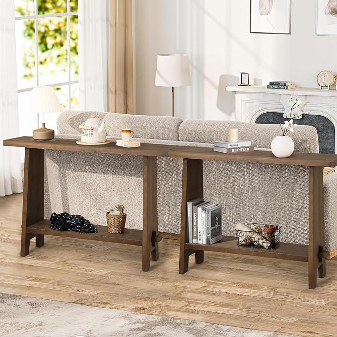Solid Wood Console Table, 43.3" Farmhouse Entryway Table with Storage Shelf, Rustic Narrow Skinny Behind Couch Sofa Table for Living Room, Hallway, Entryway, Foyer, Brown