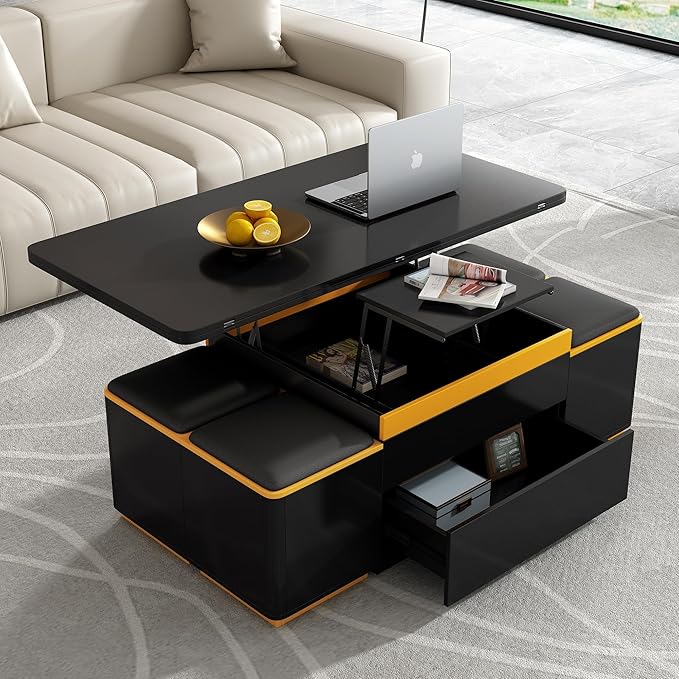 Lift Top Coffee Table with 4 Storage Stools and Foldable Top, Modern 47.2'' Rectangular Multi-Functional Adjustable Dining Table Task Table with Hidden Compartment for Living Room,Black
