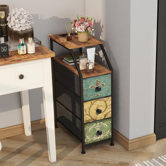 Tohomeor Narrow Dresser Tall Skinny Storage Tower Vertical Slim Chest of Drawers with Charging Station Small Nightstand Side Table for Bedroom, Bathroom, Small Spaces (Retro Flower, 3 Drawers)