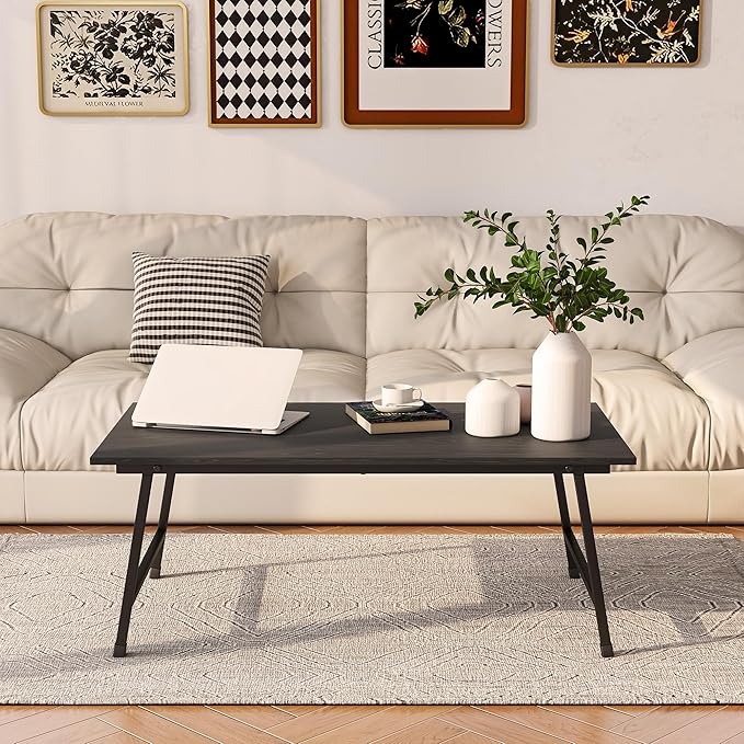 Black Coffee Table Foldable,Center Tables Modern Style, Industrial Wood Tabletop and Metal Frame, Accent Furniture for Home Office, Living Room,End Table,Tea Table, No Assembly