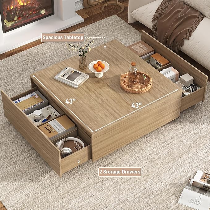 43” Square Coffee Table with Storage, 43" D x 43" W x 17" H Modern Large Square Center Table with 2 Drawers, Wood Coffee Table for Living Room, Light Brown,Bedroom,Light Brown
