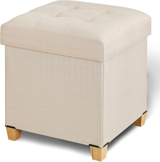 17.7" Square Ottoman with Storage, Storage Ottoman Foot Stool with Lid & Solid Wood Legs, Linen Ottomans for Living Room, Bedroom, Dorm, Beige