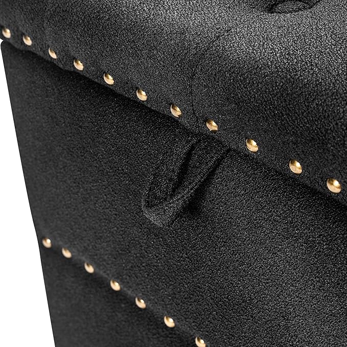 Adeco 18" Black Square Storage Ottoman with Tray, Small Cube Ottoman Coffee Table with Decorative Fashion Paris Nails, Dorm Room, Bedroom, or Living Room