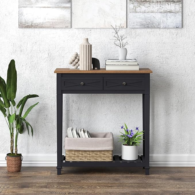 KINTNESS Entryway Table, Narrow Console Table with 2 Drawers, Sofa End Table with Shelves for Living Room Hallway, Black