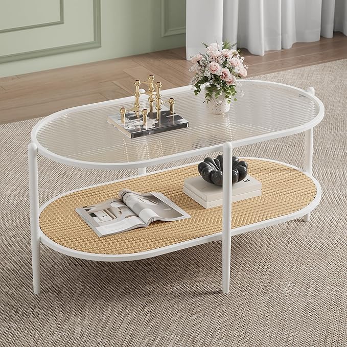 Boho Rattan Coffee Table with Glass Top, 2-Tier Oval Center Table with Metal Frame & Storage Shelf, Rustic Farmhouse Living Room Accent Tea Table for Apartment, Bedroom, Office White