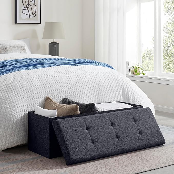 Ornavo Home 43 Inch Folding Storage Ottoman, Long Large Storage Ottoman Chest, Foot Rest Stool, Bedroom Bench - (Black)