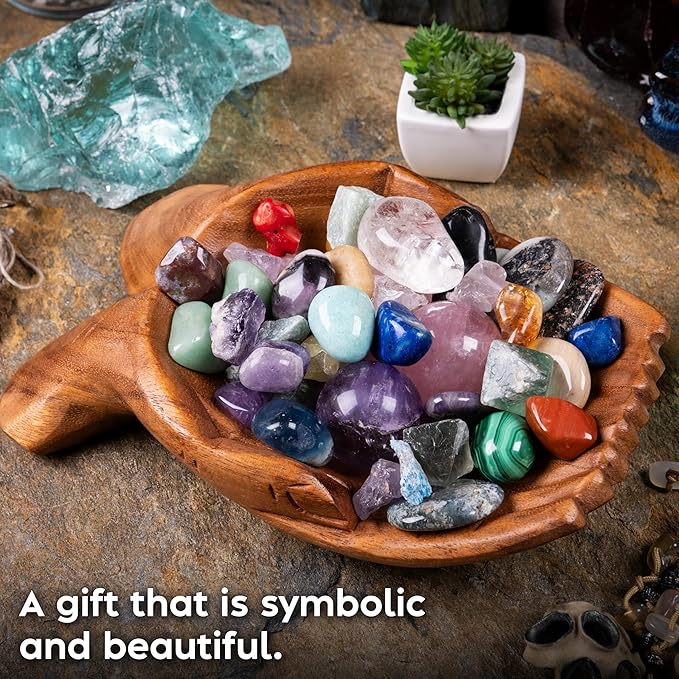 Curawood Carved Hands Offering Bowl - Crystal Holder for Stones, Rock Collection Holder, Crystal Display Storage Tray, Wooden Hands Bowl for Keys - Rock Display Case for Shelf, Stand, Altar Decor (L)