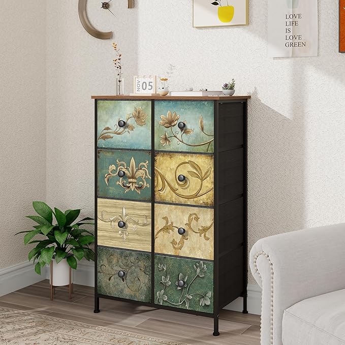 Tohomeor Narrow Storage Dresser Slim Dresser with Retro Flowers Fabric Drawers Vertical Skinny Cabinet for Small Spaces,Bathroom,Bedroom Closet Nightstand,Entryway Organizer (Retro Flower, 8 Drawers)