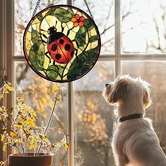 Stained Glass Window Hanging - Red Ladybug Green Plant Flower Sun Catcher for Door Home Decor Insect Suncatcher Christmas Mother's Day Birthday Gifts for Women Men Mom Nana 6.3 in