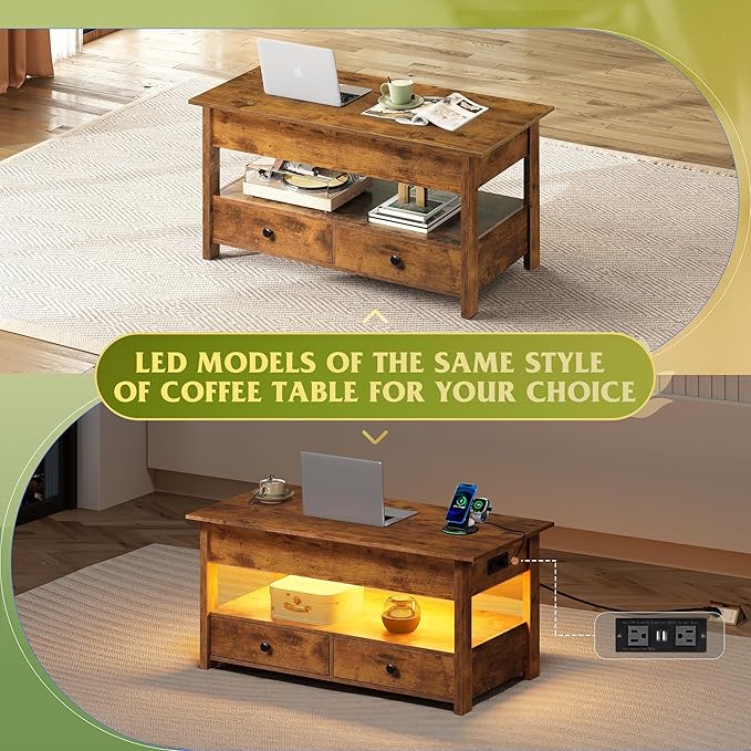 WLIVE Coffee Table, Lift Top Coffee Table with 2 Drawers, Large Hidden Hidden Compartment and Open Shelf, Lift Tabletop, Dining Table for Living Room, Rustic Brown