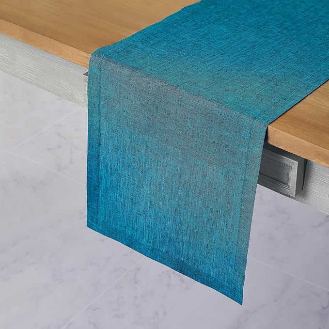 Solino Home Linen Small Table Runner 48 Inches - Athena, 100% Pure Linen Chambray Teal Table Runner 14 x 48 Inch Ideal for Dresser and Coffee Tables - Fall, Autumn, Thanksgiving