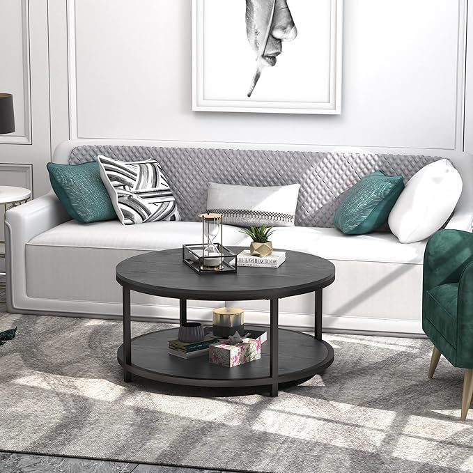 WiberWi Round Coffee Table Black 35.8" Circle Coffee Tables for Living Room Rustic Industrial Design with Sturdy Metal Frame Legs and Open Storage Shelf, Easy Assembly