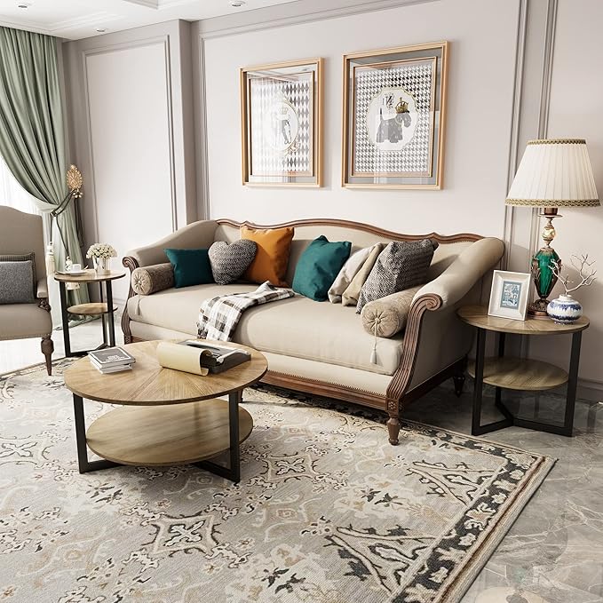 LEEMTORIG Round Side Table, Large 2-Tier End Table Nightstand with Metal Legs, Modern Bedside Couch Table for Living Room, Bedroom, Office, Rustic Natural/Black, 25.2 x 25.2 x 24 inches CJZ-1338