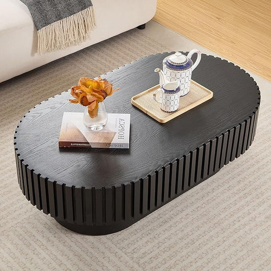 43.7'' Round Coffee Table for Living Room, Oval Coffee Table Modern Handcraft Drum Coffee Table Center Table Wood Small Coffee Table Side Table End Table with Sturdy Pedestal for Apartment,Black
