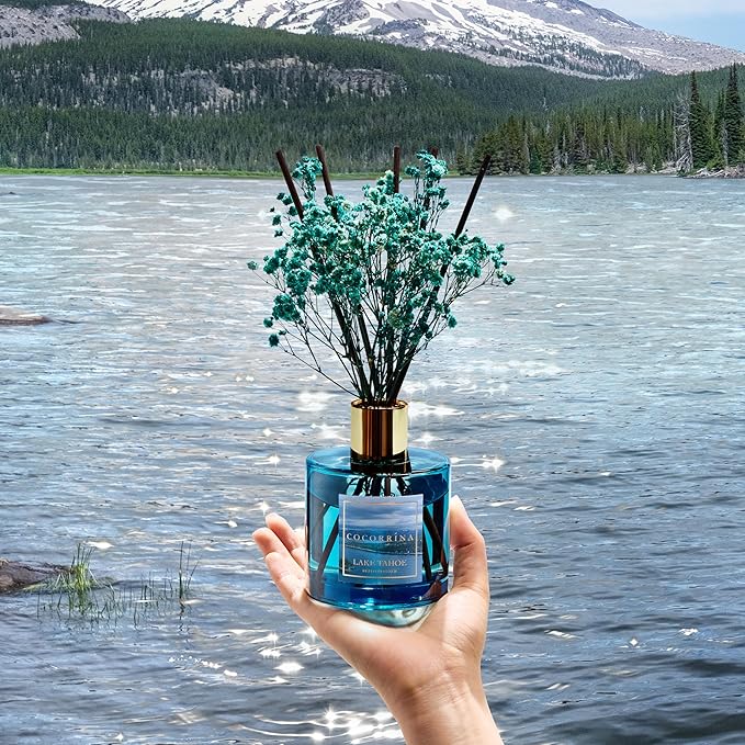 COCORRÍNA Reed Diffuser - Lake Tahoe 6.7 Fl.oz Reed Diffuser Set with 8 Sticks & Preserved Baby's Breath, Reed Diffuser for Home Bathroom Shelf Decor