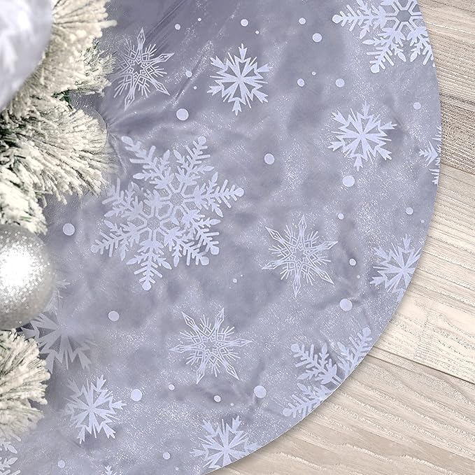 Flash World 36 Inch Large Christmas Tree Skirt Xmas Soft Cover Mat Decor Snowflake Collar Farmhouse Tree Skirt for Holiday Ornaments Party Home Indoor Decorations (Flocking Grey, 48INCH)