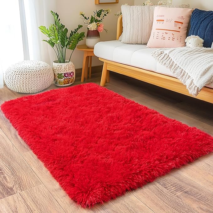 Small Area Rug, 2x3 Red Rug for Bedroom Shaggy Throw Rugs for Girls Room, Soft Carpet for Kids Room, Plush Non-Slip Fluffy Bedside Rug for Living Room Nursery Dorm Home Decor