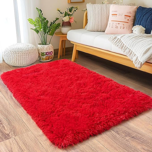 Small Area Rug, 2x3 Red Rug for Bedroom Shaggy Throw Rugs for Girls Room, Soft Carpet for Kids Room, Plush Non-Slip Fluffy Bedside Rug for Living Room Nursery Dorm Home Decor