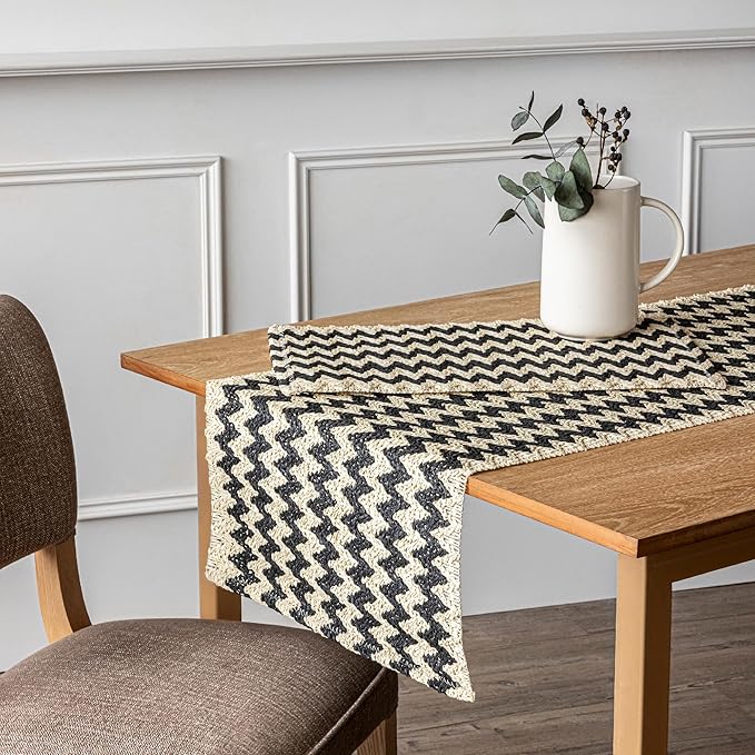 Over&Back Set of 4 Woven Fiber Placemats - Dining Table Mat - Made with Natural Paper Fibers - Kitchen and Home Decor - Chevron - Black