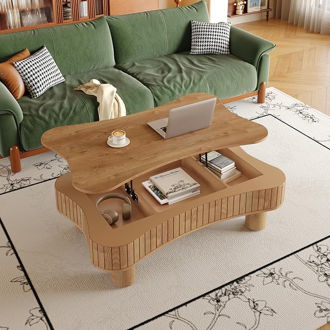 42.5" Lift Top Fluted Coffee Table with Hidden Storage Compartment, Modern Cloud-Shaped Wooden Center Table Cocktail Tea Table with Curved Safety Corners and Adjustable Height, Brown