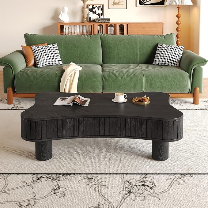 42.5" Lift Top Fluted Coffee Table with Hidden Storage Compartment, Modern Cloud-Shaped Wooden Center Table Cocktail Tea Table with Curved Safety Corners and Adjustable Height, Black