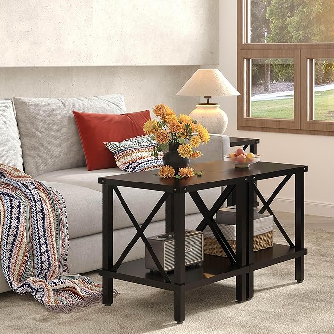 Large End Table Farmhouse Side Table Industrial Style Sofa Table Coffee Table Metal X Accent Wood End Table NightStand with Storage Shelf for Living Room Bedroom Black MLBZ16B