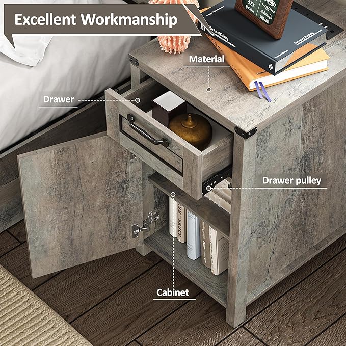 Maupvit End Table with Charging Station, Farmhouse End Table Narrow Side Table for Living Room, Sofa Side Table with Drawer and Storage Cabinet, Small Nightstand for Bedroom (Retro-Grey)