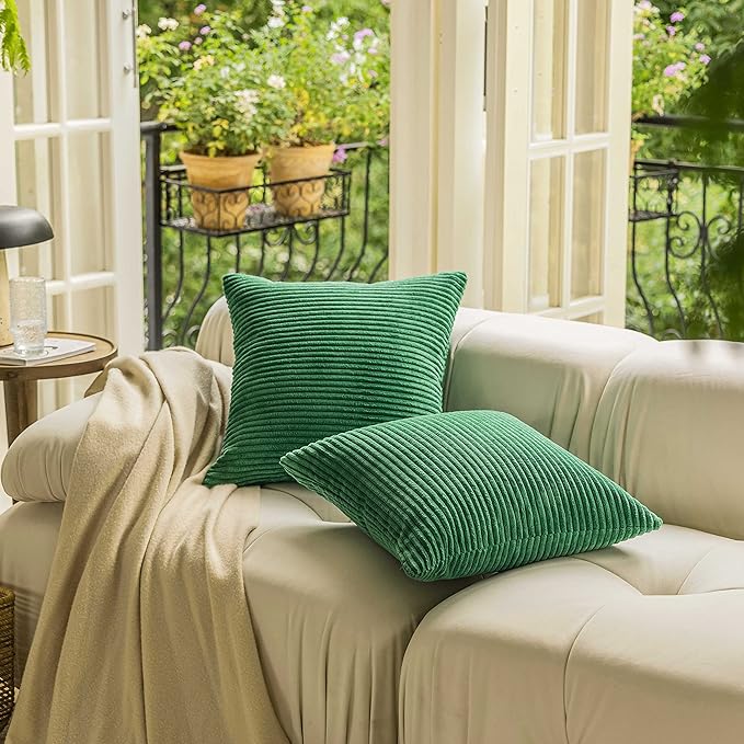 Home Brilliant Throw Spring Pillow Covers 26x26 Euro Sham Covers Super Soft Striped Corduroy Decorative for Couch Bench Sofa Bedroom Patio Furniture, Set of 2, 26 x 26 inch, Moss Green