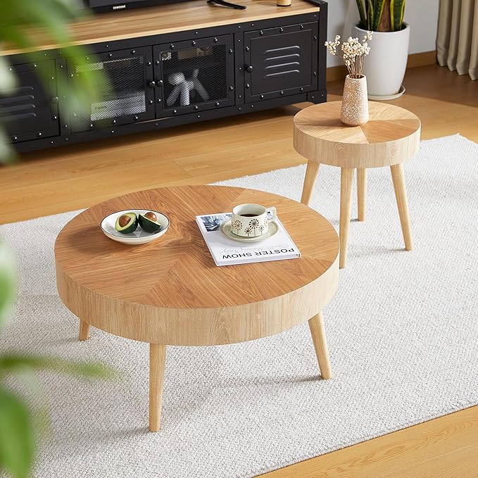 2 Pieces Round Wood Coffee Table Set, Modern Sofa End Table, Accent Side Table for Living Room ﻿ (Natural)