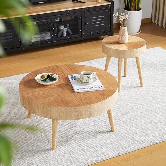 2 Pieces Round Wood Coffee Table Set, Modern Sofa End Table, Accent Side Table for Living Room ﻿ (Natural)