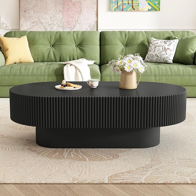 43.3" Oval Fluted Coffee Table, Modern Wood Pedestal Coffee Table, Black Fluted Tea Center Table with Thick Tabletop & Sturdy Pedestal for Living Room Apartment- Easy Assembly