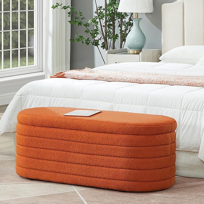Storage Ottoman Bench End of Bed for Bedroom,43 inch Teddy Boucle Upholstered Entryway Shoe Seat Bench w/Storage,Sherpa Modern Cute Stool Foot Rest for Living Room,Window Seating,Orange